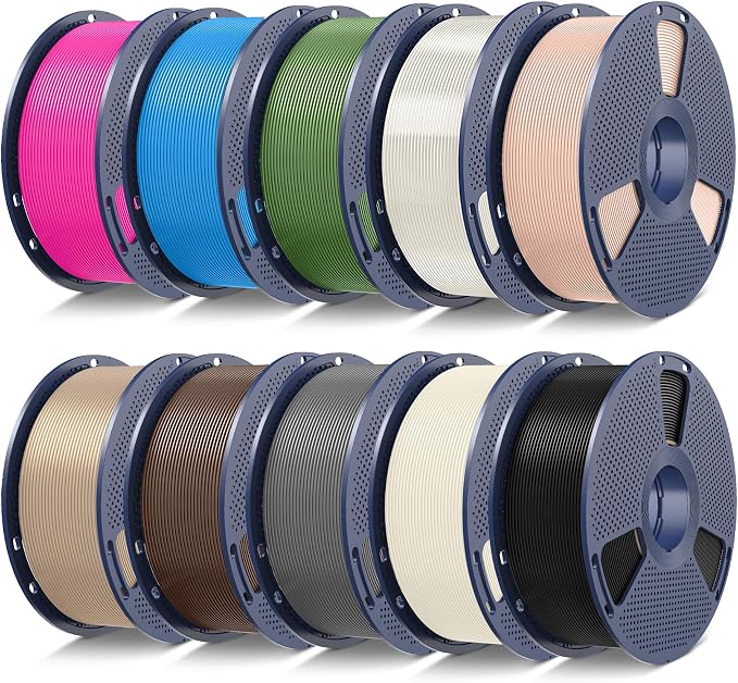 SUNLU 10kg PLA 3D Printer Filament Bundle Multicolor, Neatly Wound PLA Filament 1.75mm ±0.02mm, 1kg per Spool, 10 Pack, Black+Bone White+Grey+Brown+Wood+Beige+Olive Green+Cyan+Magenta+Clear