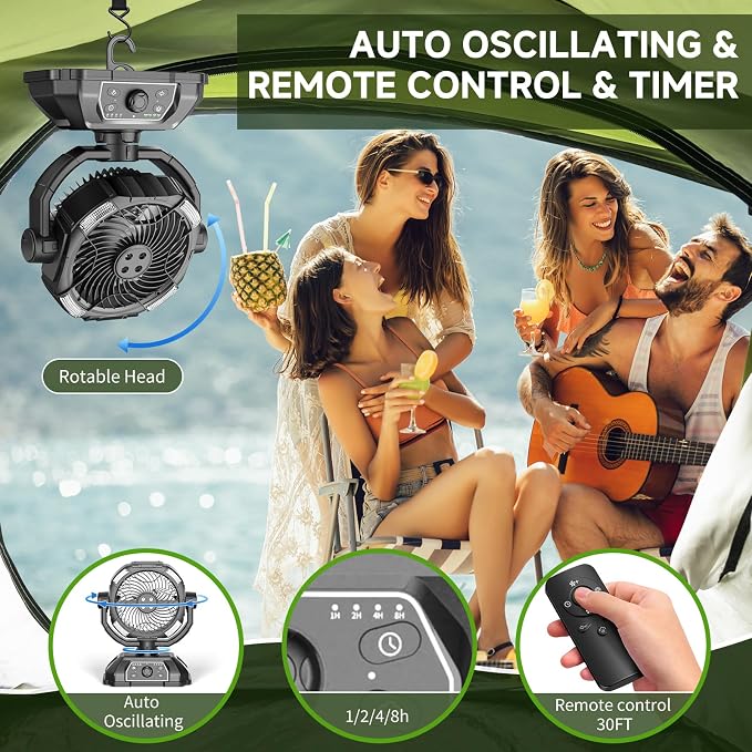 Portable Misting Fan Rechargeable for Hot Weather - 9-inch Auto Swivel Camping Fan with 25000mAh USB Battery as Power Bank, Outdoor fan with 4 Mist Cooler, 7L Bucket for Patio,Yard,Beach,Golf (Black)