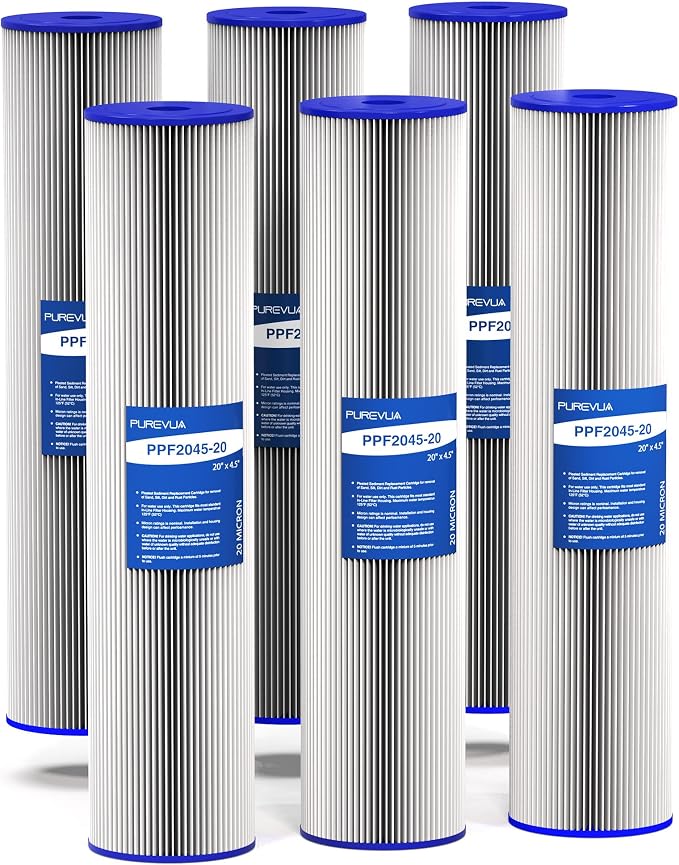 6-Pack 20" x 4.5" Pleated Sediment Water Filter Cartridge, 20 Micron High Flow Whole House Water Filter Replacement for Well Water, Compatible with ECP20-20BB, SPC-45-2020