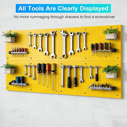 Metal Peg Board Panels 4 Pack, 24" x 12", Black, Yellow | Heavy Duty Rust-Proof Wall Board Panels, Sturdy Steel Storage Pegboard for Garage, Workshop & Craft Room Organizer