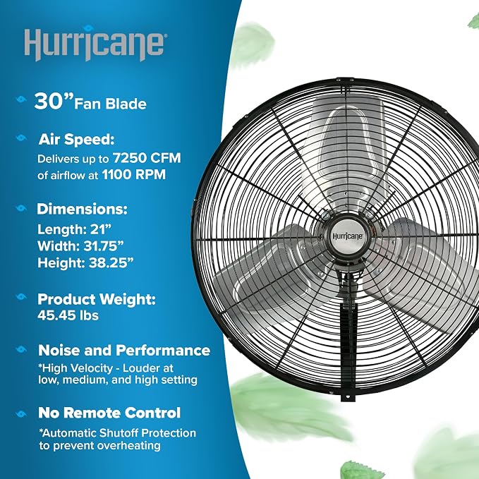 Hurricane 30" Pro Commercial Grade Oscillating Wall Mount Fan, Black - Heavy-Duty All-Metal Corded Electric Air Cooling Unit for Home, Garage, Greenhouse, or Workshop