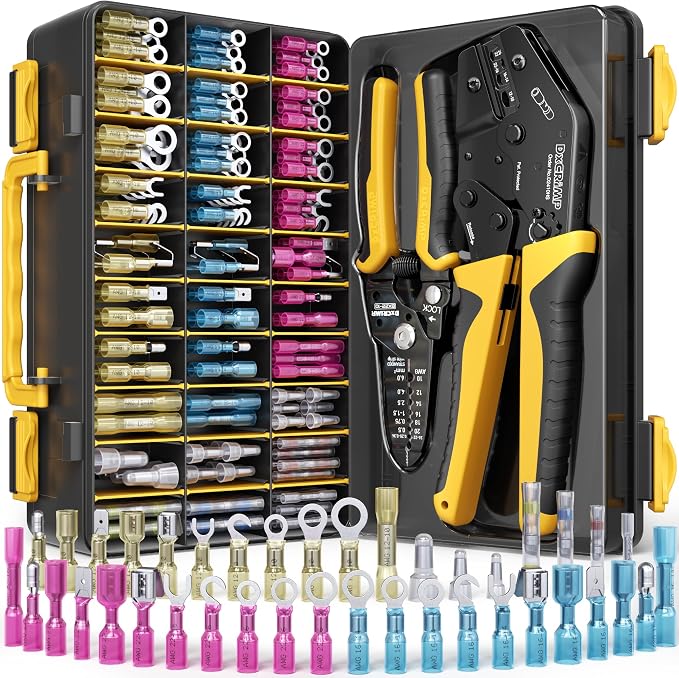 Crimping Tool Kit with Heat Shrink Connectors - 40 Types Heat Shrink & Solder Connector (24-10 AWG) - Waterproof Ring, Fork, Hook, Spade & Bullet Terminals & Wire Stripper for Auto Boat Wiring