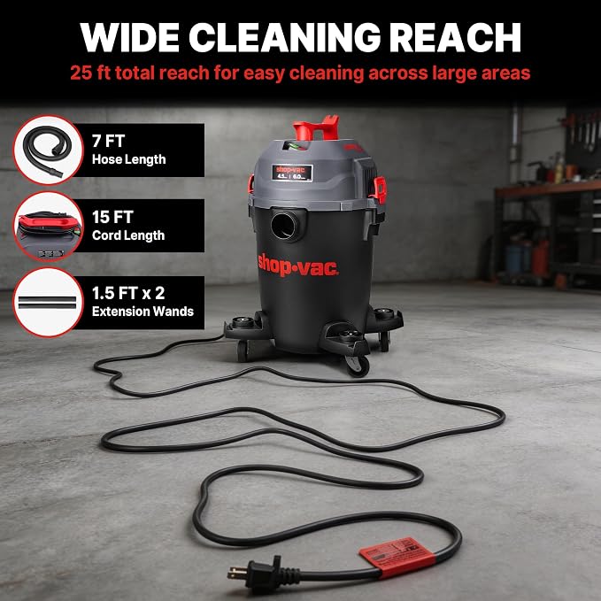 Shop-Vac 6 Gallon Ultra Quiet Shop Vacuum Wet and Dry, 4.5 PHP Powerful Suction Wet/Dry Vacuum with Attachments, 1-7/8 in. x 7 Ft Hose, 15 Ft Cord, Ideal for Jobsite, Garage, Workshop & Home, 5430541