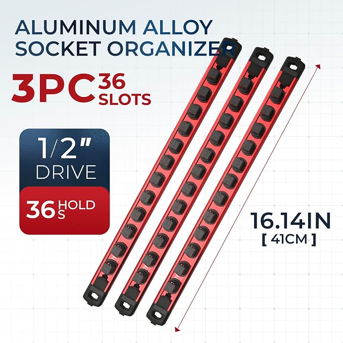 Reniteco Magnetic Socket Organizer Set, 3PC 1/2-Inch Drive Aluminum Alloy Socket Rail, Heavy Duty Magnetic Socket Holder for Tool Box Drawer, 360° Swivel Socket Rack, 1/2" x 36 Clips, Red