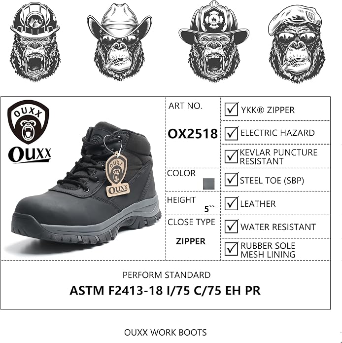 5" Waterproof Steel Toe Work Boots for Men, Safety Shoes with Side Zipper, ASTM F2413-18 Certified, Puncture-Proof Kevlar Midsole, Oil & Slip Resistant Rubber Sole, Construction Safety Boots(OX2518)