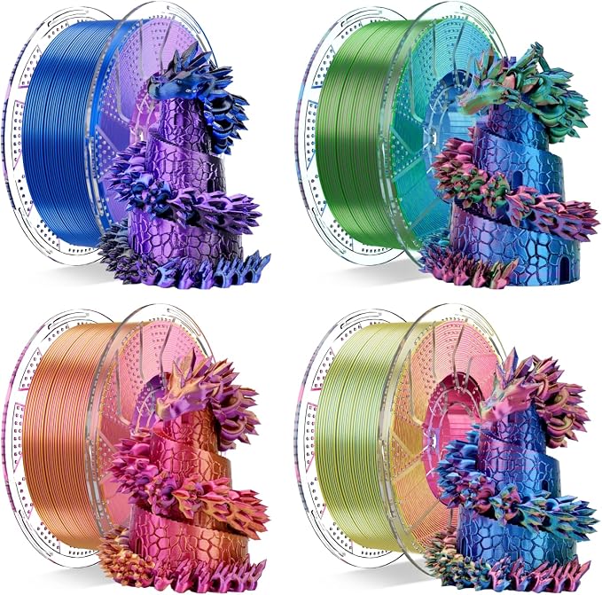 Chitu Systems Conjure Silk Tricolor PLA 3D Printer Filament 1.75mm,Reusable Spool Compatible with Bambulab Refill Filament,Christmas Silk Red Yellow Blue Black Purple Gold Green Pack of 4KG/8.8lb