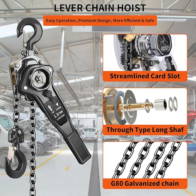 Manual Lever Chain Hoist 1.5 Ton 3300 lbs Capacity 10 FT Come Along, G80 Carbon Steel with Double-Pawl Brake,360° Rotation Hook, for Garage Factory Dock (Lever Chain Hoist 1.5T/3m)