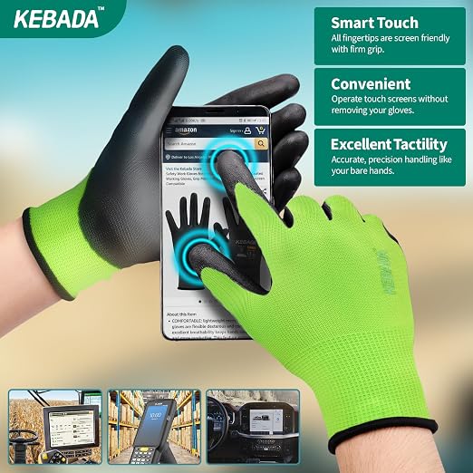 Kebada W1 Work Gloves for Men and Women, PU Coated Safety Gloves with Grip, Touchscreen, Ideal for Warehouse Package Handling, Construction, Gardening, Green XXL