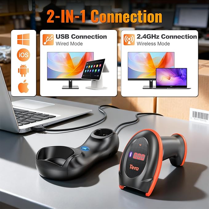 Tera Pro Series Wireless 1D 2D QR Barcode Scanner with Cradle Display Counting Screen Extra Fast Scanning Speed Ultra High Resolution Handheld Image Bar Code Reader for Warehouse Inventory HW0008