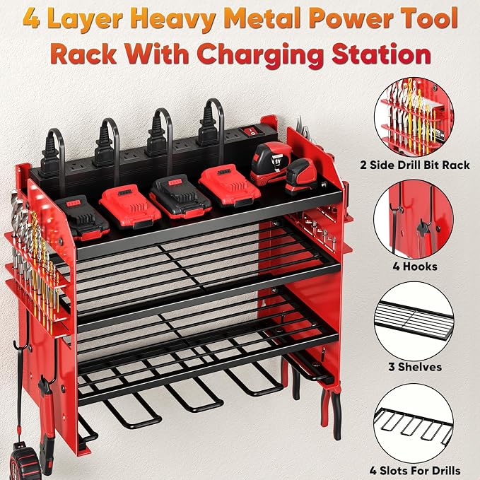 POKIPO Power Tool Organizer Wall Mount with Charging Station,Tool Storage Rack with 8 Outlet Power Strip,Heavy Duty Metal Battery Utility Rack with 4 Cordless Drill Holder 6.56 Ft Cord for Garage