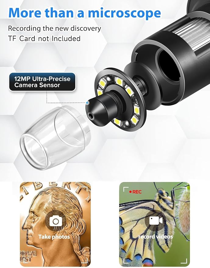7'' Digital Microscope 1200X, 12MP 1080P Photo/Video Microscope for Adults Soldering Coins,Metal Stand,Wired Remote,10 LED Fill Lights,PC View,Windows/Mac - Black