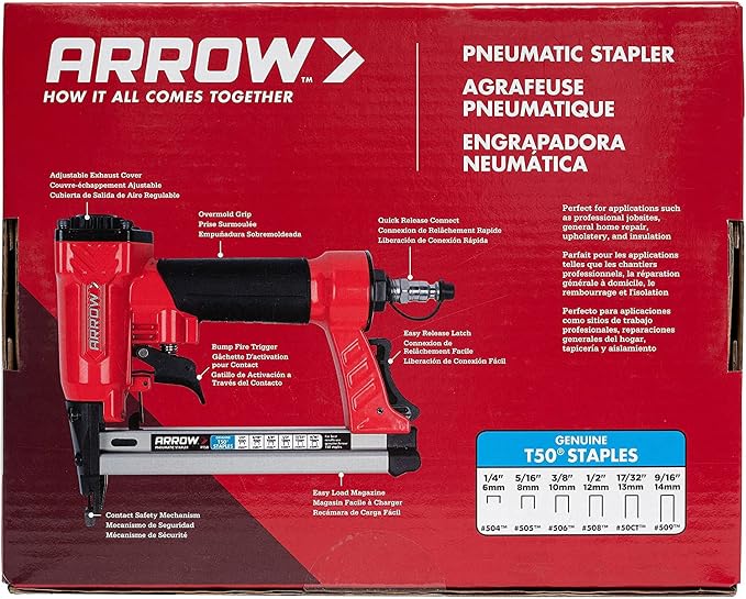 Arrow PT50 Oil-Free Pneumatic Staple Gun, Professional Heavy-Duty Stapler for Wood, Upholstery, Carpet, Wire Fencing, Fits 1/4”, 5/16”, 3/8", 1/2", 9/16” Staples , Red