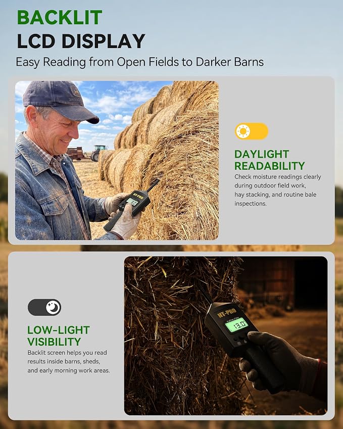 Hay Moisture Tester with 20" Reinforced Probe, Digital Hay Moisture Meter with Temperature Reading for Alfalfa, Hay Bales, Square and Round Bales, Carry Bag Included,Black