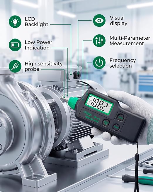 Digital Vibration Meter – VM-420 Industrial Vibrometer, Acceleration 0.1–199.9 m/s², Velocity 0.1–199.9 mm/s, Displacement 0.001–1.999 mm, 10Hz–15kHz, Handheld Machine Diagnostics Tool