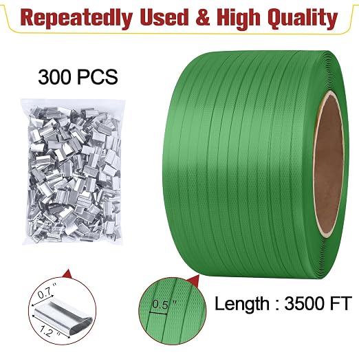 MYFAMIREA Heavy Duty Banding Strapping Kit with Tensioner Tool, 1/2"x 3500FT Green Polypropylene Plastic Packaging Strapping, 300 Metal Seals, Sealer Tool for Pallets, Logistics, Warehouse (Red)