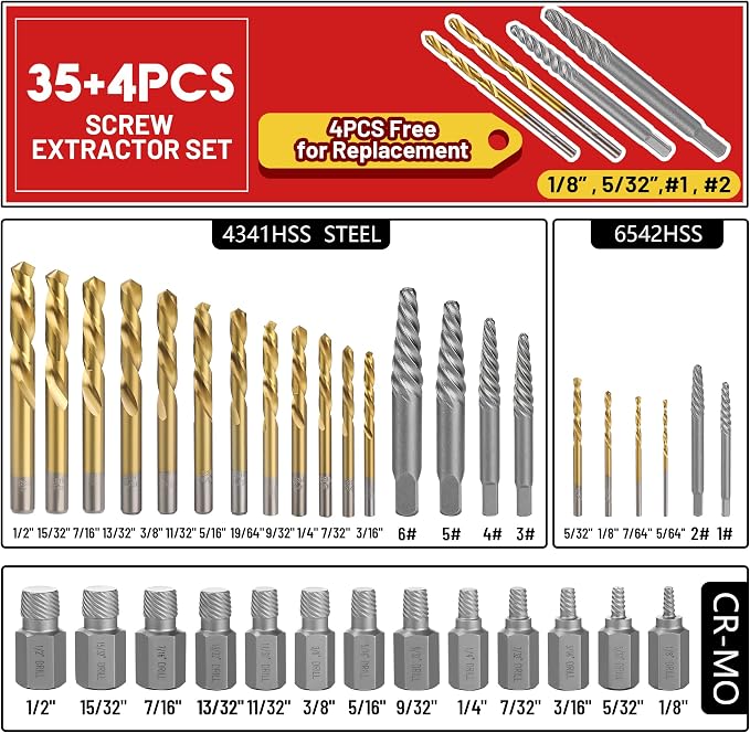 39 Pcs Screw Extractor Set, 6542/4341 HSS Left Hand Drill Bit Set, Easy Out Extractor Set Multi-Spline Stripped Screw Extractor Set for Removing Damaged Broken Rusted Nuts, Bolts
