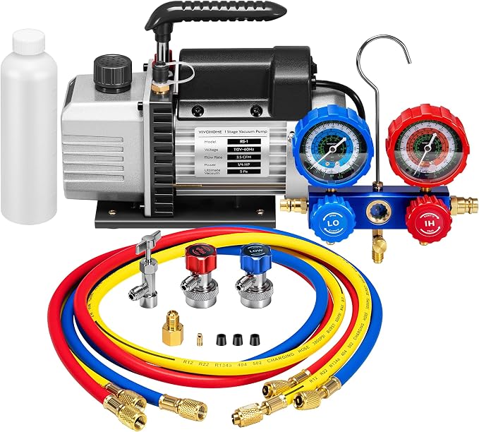 VIVOHOME 110V 1/4 HP 3.5 CFM Single Stage Rotary Vane HVAC Vacuum Pump and 3 Way AC Manifold Gauge Set with 4ft Hoses & Accessories for Auto Air Conditioning Refrigeration Recharging, Black