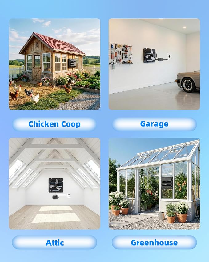 10 Inch Upgraded Shutter Exhaust Fan with Thermostat & Remote Control, Automatic On/Off by Temperature, 890 CFM Wall Mounted Garage Fan for Attic, Greenhouses, Sheds, Chicken Coops & Shops