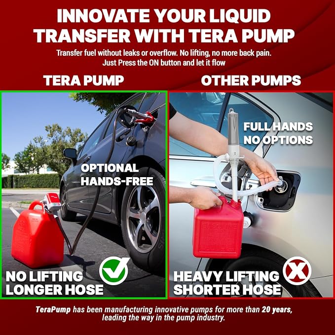 TERA PUMP 2nd Gen TRFA02-MTX Fuel Transfer Pump (2.5 GPM), 4-AA Battery Powered Gas Can Pump, Flow Control Nozzle with Squeeze Trigger Handle for E85 E15 Gas Diesel - 4.25ft Heavy-Duty Vinyl Hose