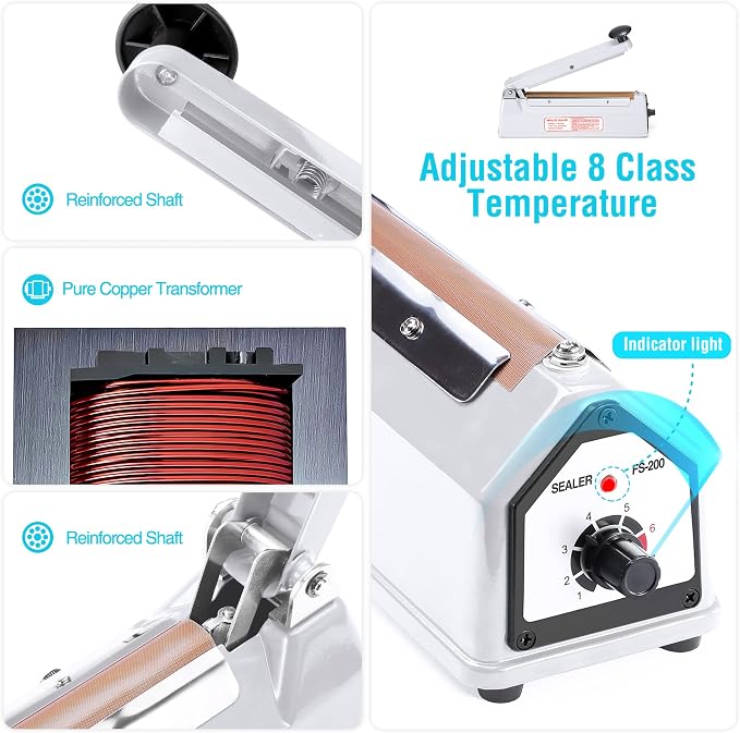 METRONIC Impulse Sealer 8 inch, Manual Heat Sealer Machine for Plastic Bags, Shrink Wrap Bag Sealers Heavy Duty Sealing Machine With Repair Kit (White)