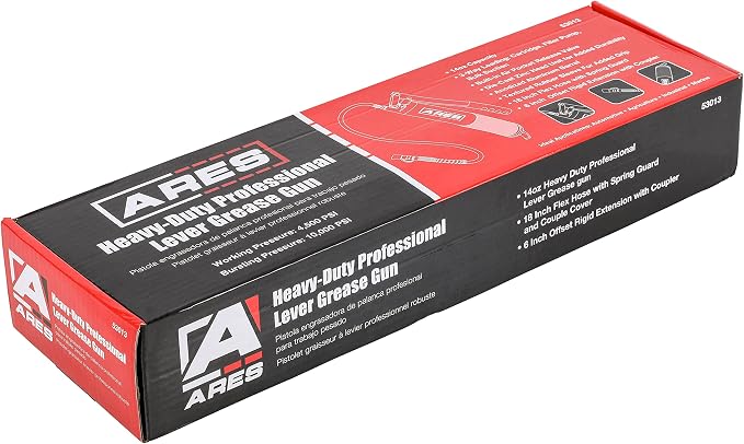 ARES 53013 – Professional Lever Action Grease Gun - 400cc Bulk and 14 Ounce Cartridge Loading - 4500 PSI Working Pressure Rating – 18-Inch Flex Hose and 6-Inch Offset Extension