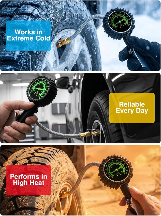 AZUNO Heavy Duty Tire Pressure Gauge, Tire Inflator Gauge 230PSI Air Chuck Air Compressor Attachments, with Steel Braided Hose, Large 2.6" Glow Dial & Quick Connect Coupler, for Truck/Car/SUV/RV/Bike
