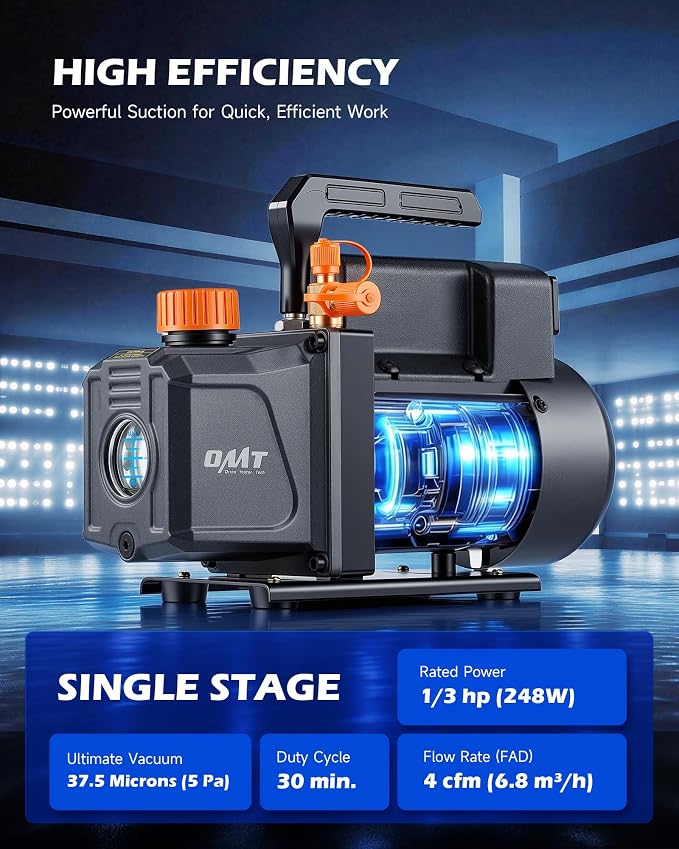 Orion Motor Tech 4 cfm AC Vacuum Pump and Gauge Set, Single-Stage AC Manifold Gauge Set with Vacuum Pump for R454B R1234yf R32 R410a System, Spark-Proof HVAC Vacuum Pump Kit with Overheat Protection