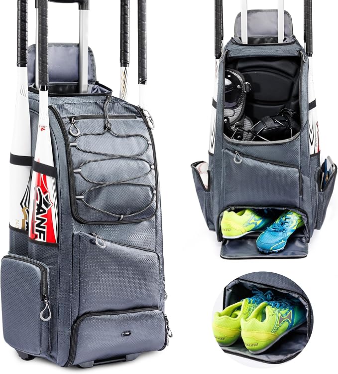 Large Rolling Baseball Catchers Gear Bag with Wheels, Softball Bag with Hard Backing for 4 Bats,Equipment Bag with Separate Shoe & Helmet Compartments, Youth Baseball Bag with 360° Spinner Wheels