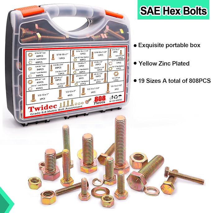 Twidec/808pcs Grade 8.8 Hex Head Nuts and Bolts Assortment Kit,SAE Bolt Assortment, 1/4-20 5/16-18 3/8-16 1/2-13 SAE Heavy Duty Bolts and Nuts Kit, Flat & Spring Lock Washer Gold Zinc Plating