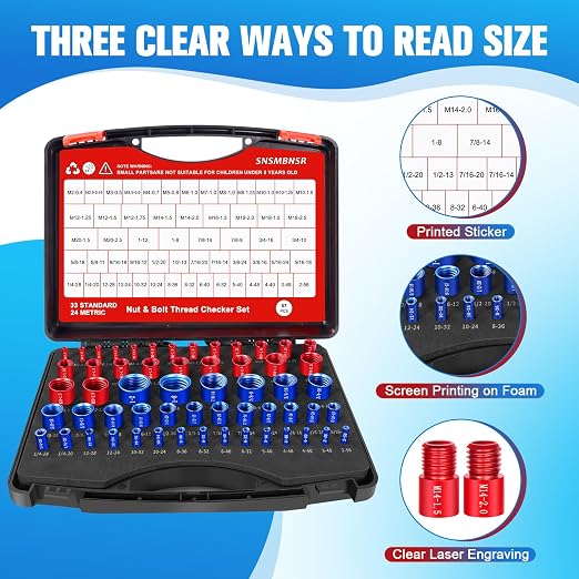57Pcs Thread Checker, Nut and Bolt Thread Checker 33 Standard and 24 Metric Set, Thread Gauge Suitable for Nut or Bolt Size Finder in Narrow and Tricky Areas
