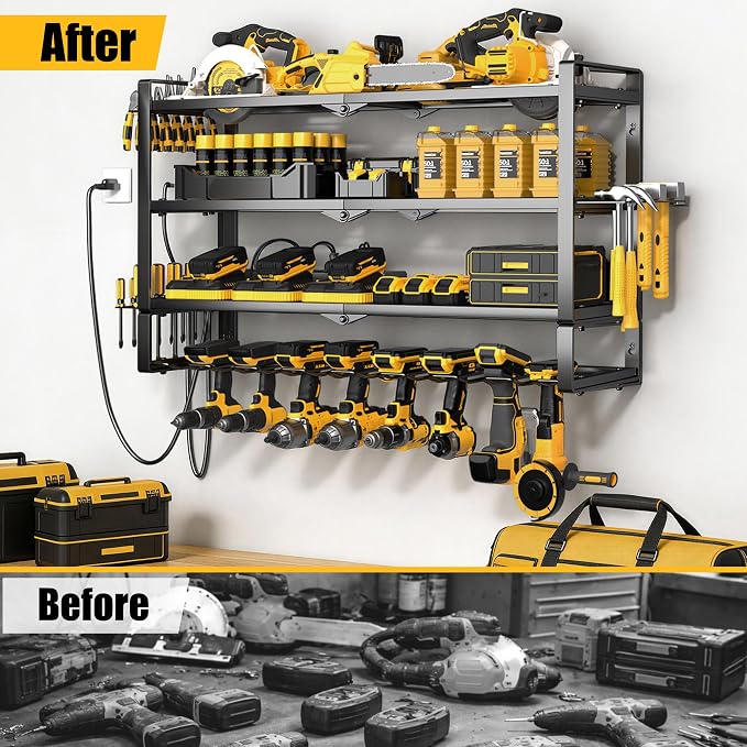 MOOMSINE Large Power Tool Organizer Wall Mount with Charging Station for Garage, 400lbs Metal Storage Rack with 8 Cordless Drill Holder, 4 Tier Heavy Duty Battery Tool Shelf with 5 Outlet Power Strip