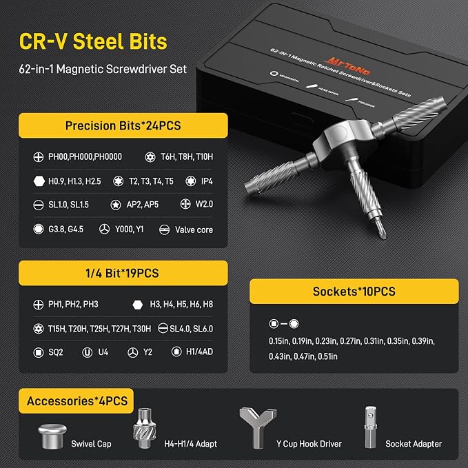 62 in 1 Magnetic Screwdriver Set, T Handle Ratchet Screwdriver Set with Case, Multi Bit & 10 Hex Sockets, Repair Tool Kit for Furniture, Bicycle, Electronics, Wactch, DIY & Gift for Men