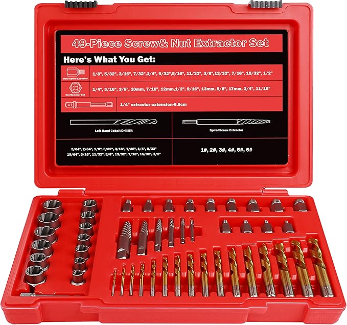 53 Pcs Spiral Screw Extractor Bolt Extractor Set, 6542/4341 HSS Left Hand Drill Bit Set, Easy Out Bolt Extractor Set Multi-Spline Stripped Bolt Remover for Broken Rusted Nuts Bolts Screw