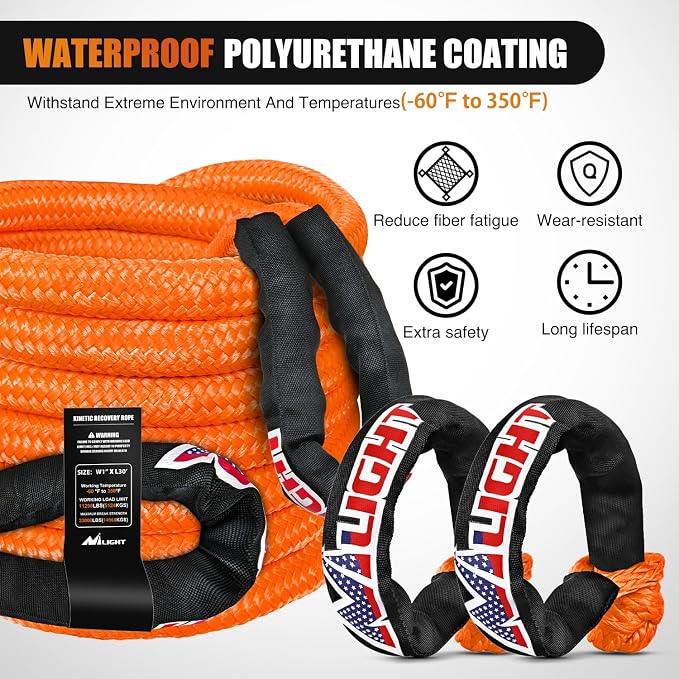 Nilight Kinetic Recovery Tow Rope Kit with 2 Soft Shackle 1" x 20ft Heavy Duty Offroad Tow Rope Snatch Strap Towing Strap kit 48,000LBS for UTV ATV SUV Truck Car Jeep Tractor