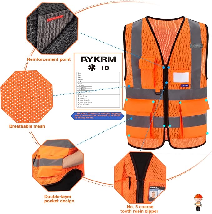 A-SAFETY ANSI/ISEA Standard Class 2 Hi-Vis Mesh Vest, Zip, Orange, 6XL-8XL | Orange 6XL-8XL Class 2 mesh safety vest with 7 pockets, black front zipper and reflective strips for railway operations.