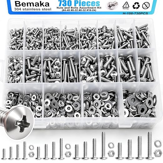 730Pcs Machine Screws Nuts and Bolts Assortment Kit, 304 Stainless Steel Bolts 16 Sizes #4-40#6-32#8-32#10-24 Phillips Pan Head Hardware Screws Assortment Kit with Nuts and Washers