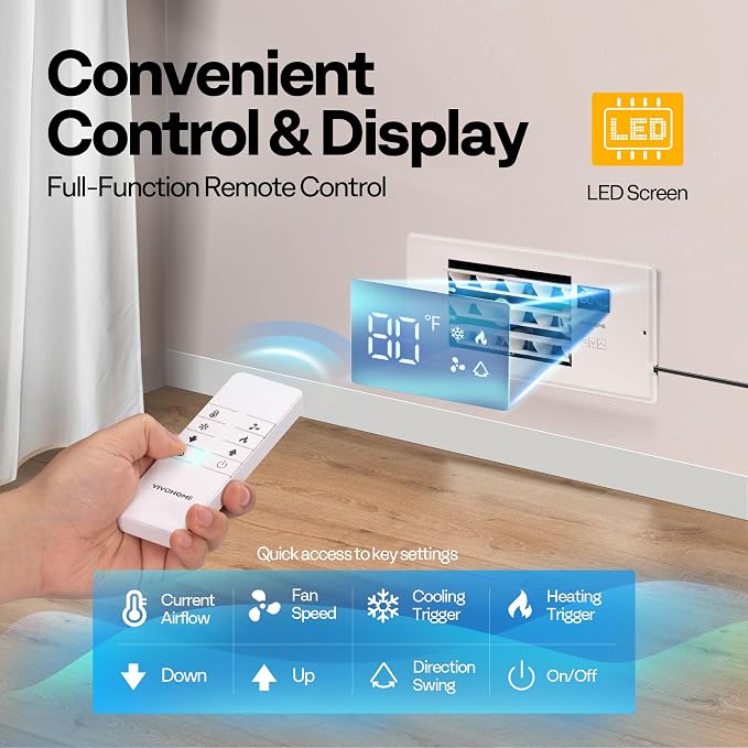 VIVOHOME Register Booster Fan - 4'' x 12'' Opening with Adjustable Louver - Smart Thermostat & 10-Speed Remote Control - AC Vent Fan for Floor, Ceiling, Wall - Quiet Operation (White)