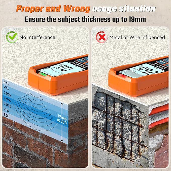 Pinless Moisture Meter for Walls and Wood | Non-Destructive, For Drywall, Concrete & Flooring, Rechargeable, Digital Moisture Tester