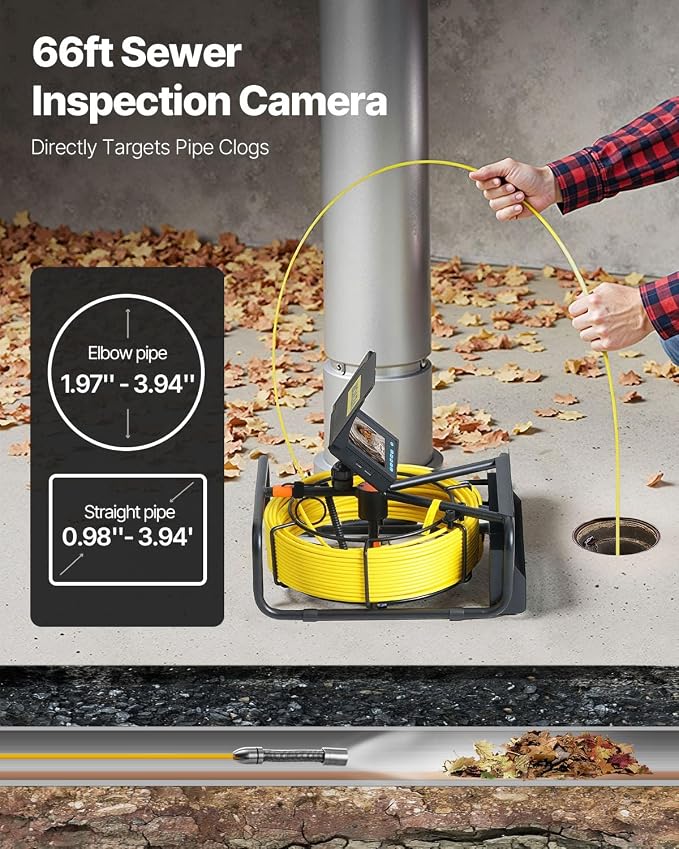 VEVOR Sewer Camera, 65.6FT Snake Cam with DVR Video, Pipe Inspection Equipment 4.3 inch LCD Screen, Industrial Borescope Endoscope Waterproof IP68 with LED Lights, for Duct HAVC Drain Pipe Plumbing