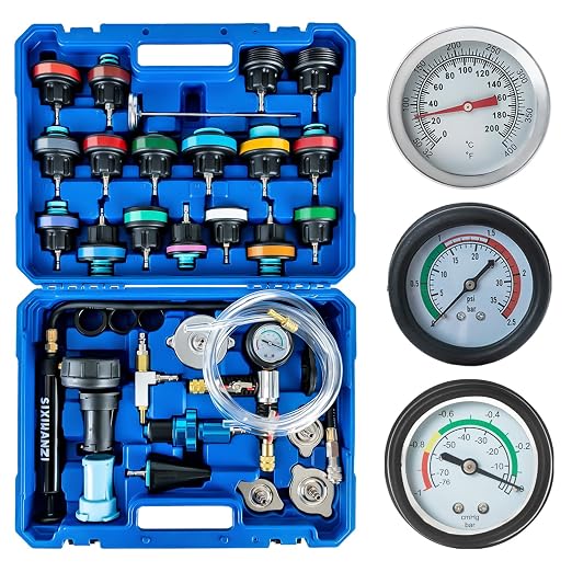 SIXIWANZI 34pc Coolant Pressure Tester and Vacuum Refill Kit with 25 Radiator Adapters, Universal Radiator Pressure Tester Kit for Automotive Cooling System Water Tank Leakage Detection