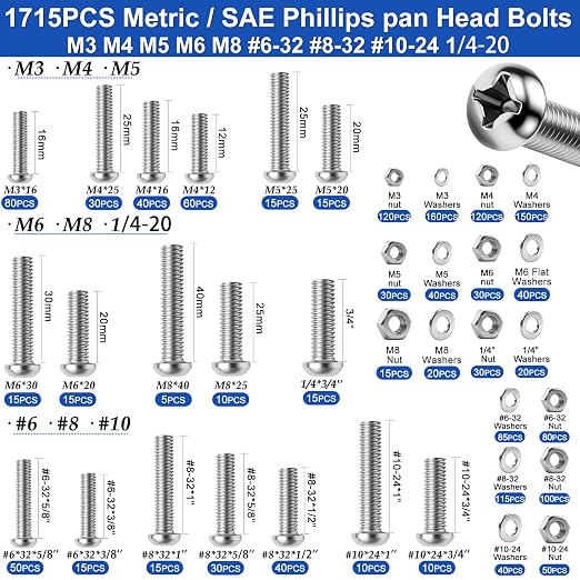 Taiss 3334PCS Nuts and Bolts Assortment Kit SAE & Metric Phillips Head Bolts and Grade 8.8 Metric Hex Bolt Set,39 Sizes Hardware Assortment Kit with Assorted,Matching Nuts and Washers