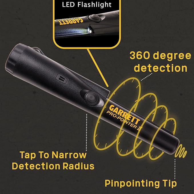 Garrett Pro-Pointer II Metal Detector Pinpointer – 360° Detection, LED Flashlight, Waterproof Tip, Lost Alarm, Includes Camo Finds Pouch