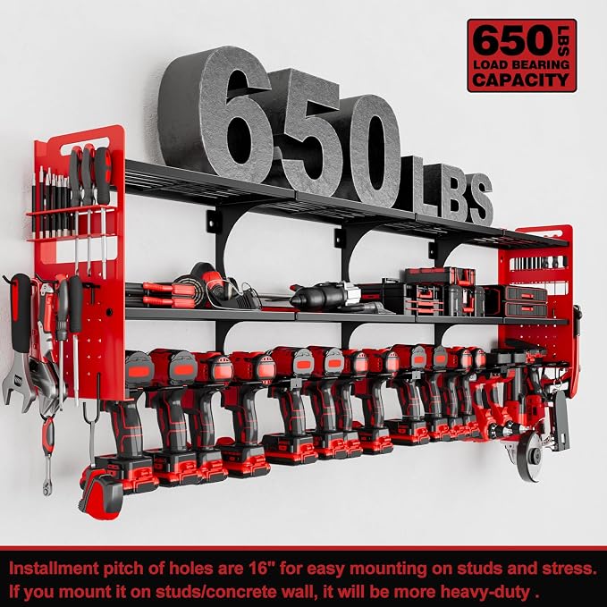 64" Power Tool Organizer Wall Mount, 16 Slots, 3-Tier Drill & Cordless Tool Storage Holder with Pegboard Sides, Tool Wall Organizer for Garage & Workshop Red
