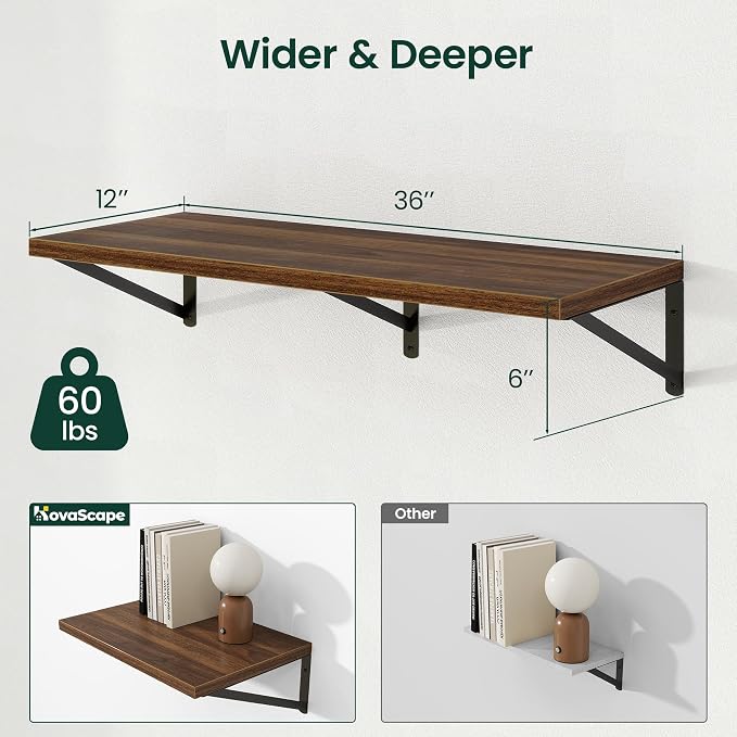 Floating Shelves 12 Inch Deep, 36W x 12D Wall Shelf Set of 2, 60 lbs Heavy Duty Reversible Metal Brackets, Deep Industrial Book Shelf for Living Room Kitchen Bath Bedroom Coffee Bar, Walnut