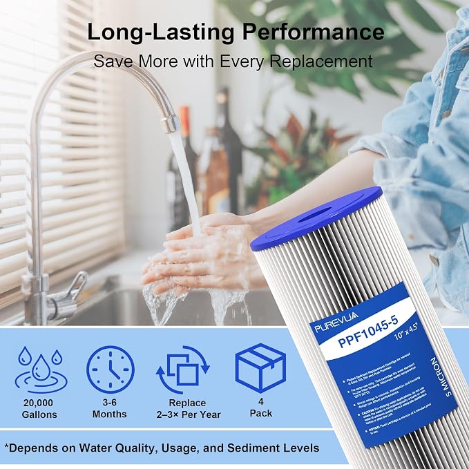 4-Pack 10" x 4.5" Pleated Sediment Water Filter Cartridge, 5 Micron High Flow Whole House Water Filter Replacement for Well Water, Compatible with Culligan R50-BBSA, GE FXHSC, ECP5-10B, R30-BB