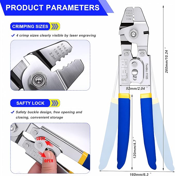 Twidec/Wire Rope Crimping Tool Kit Up To 2.2mm Swaging Tool With 165FT 1/16'' 304 stainless steel Wire Rope And 150PCS 1/16''Aluminum Crimping Loop Sleeve 20PCS Wire Rope Thimbles