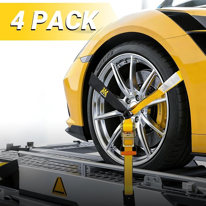 Car Tie Down Straps for Trailers, 4 Pack 2" x 96" Heavy Duty Car Hauler Ratchet Straps, 10,000 lbs Break Strength, Tire Ratchet Straps with Flat Hooks, Lasso Style for Cars, SUVs, UTVs & Trucks