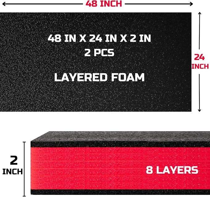 ONREVA Tool Box Foam 48x24x2 inch 2Pack, Foam Inserts for Cases, Polyethylene Storage Sheets for Toolbox Hard Case, Tool Shadow Insert, Kaizen Organizer Sheet, Black with Red