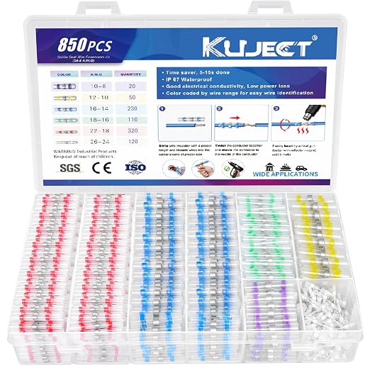 Kuject Heat Shrink Self Solder Wire Connectors Kit 850PCS, Crimpless & Solderless Waterproof Electrical Butt Terminals, Insulated Wiring Splice Solder Seal Connectors for Marine Automotive Boat Truck