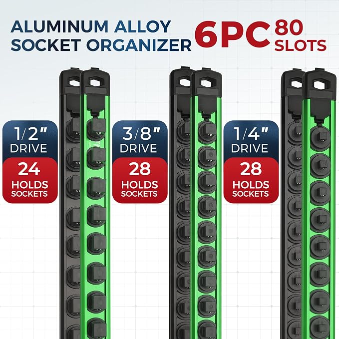 Reniteco Magnetic Socket Organizer Set, 6PC 1/2" 3/8" 1/4" Drive Aluminum Alloy Socket Holder with 80PC 360° Swivel Removable Clips, Magnetic Socket Rail for Tool Box Drawer, Black&Green